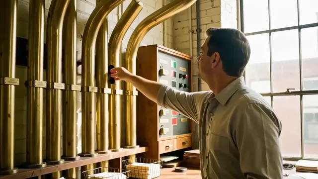 A dispatch room with a wall of brass pneumatic tubes and a clerk sending an instruction away.
