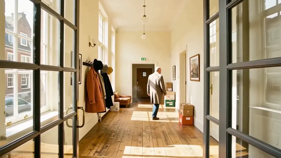 The camera moves through the open doors into a sunlit hall as someone crosses ahead.