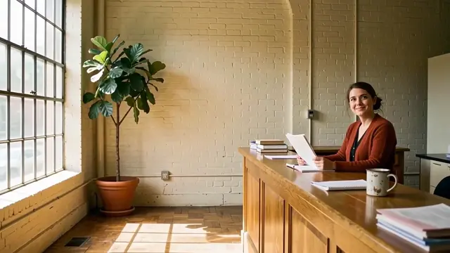 A receptionist at a long oak desk looks up from a paper appointment book.