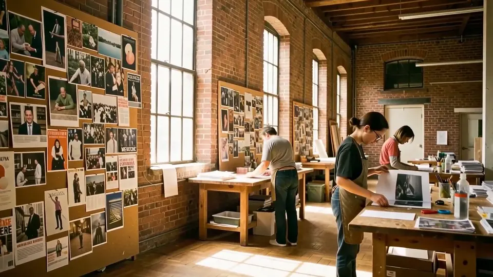A long workroom with a wall of pinned printed posts and people working at oak tables.